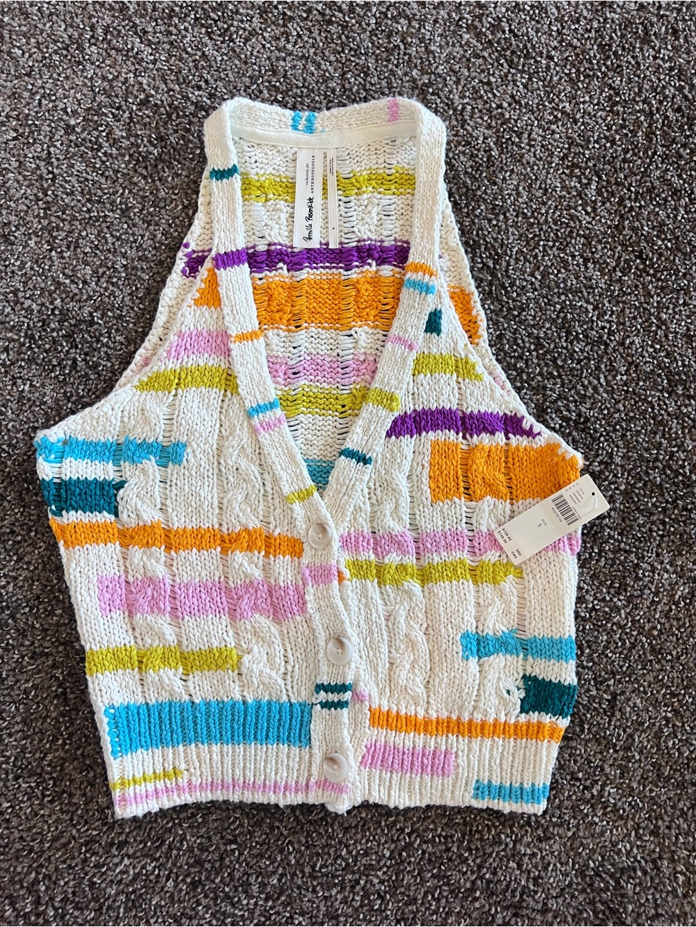 Anthropologie Cream Knit Button-Front Vest with Multicolor Stripes